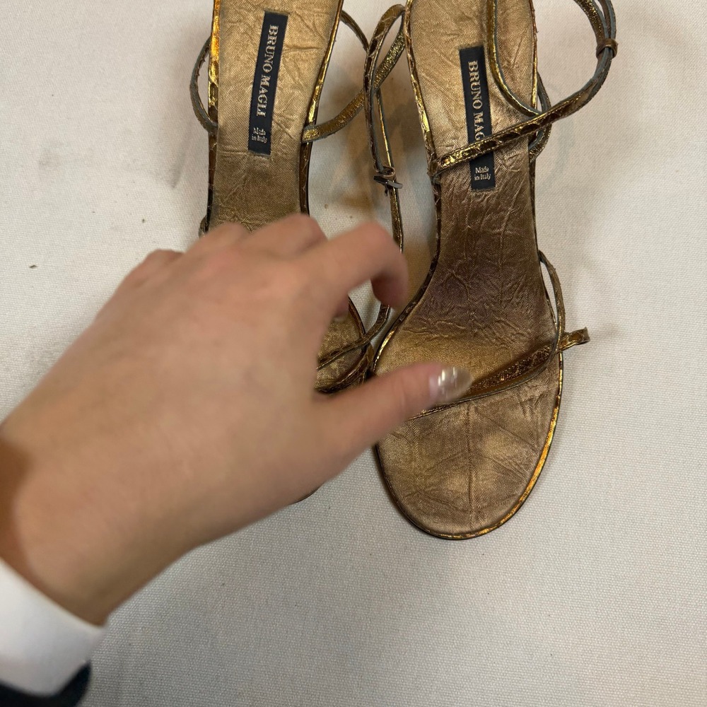 Bruno Magli Gold Metallic Snake Print Stiletto Strappy Heels Sandals - Size 7 - Picture 3 of 8